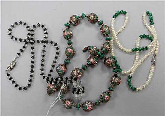 A Murano glass bead necklace and two other 1940s necklaces including malachite.